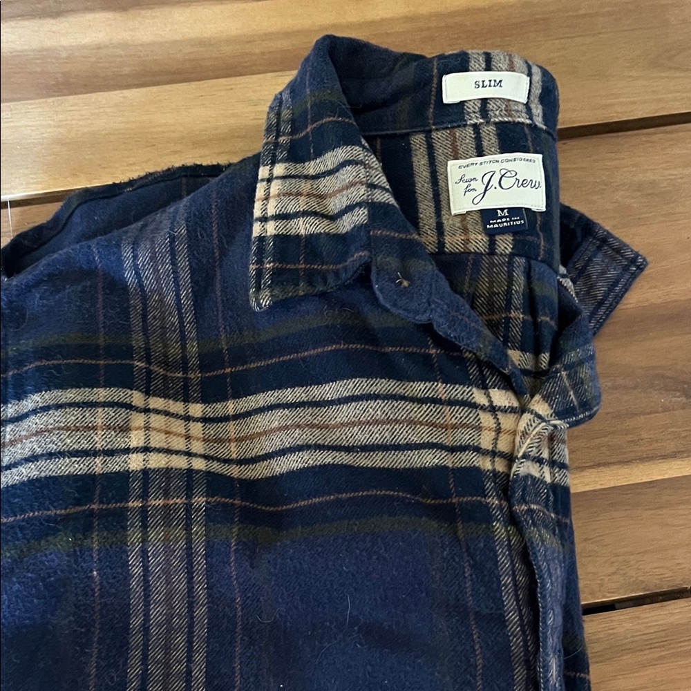 J. Crew Navy and Tan Plaid Flannel Shirt